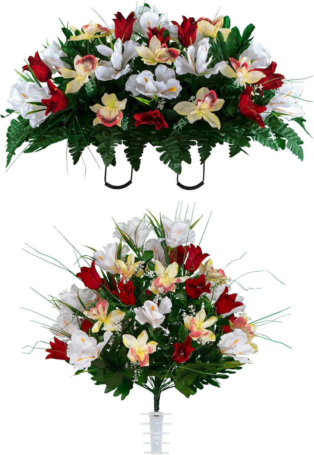 Sympathy Silks Ruby's Silk Flowers Artificial Flowers - Weighted Pot Bouquet Decoration - Height 18"-20" - Red Tulip and White Iris Potted Flowers