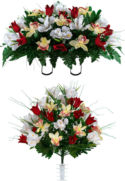 Sympathy Silks Ruby's Silk Flowers Artificial Flowers - Weighted Pot Bouquet Decoration - Height 18"-20" - Red Tulip and White Iris Potted Flowers