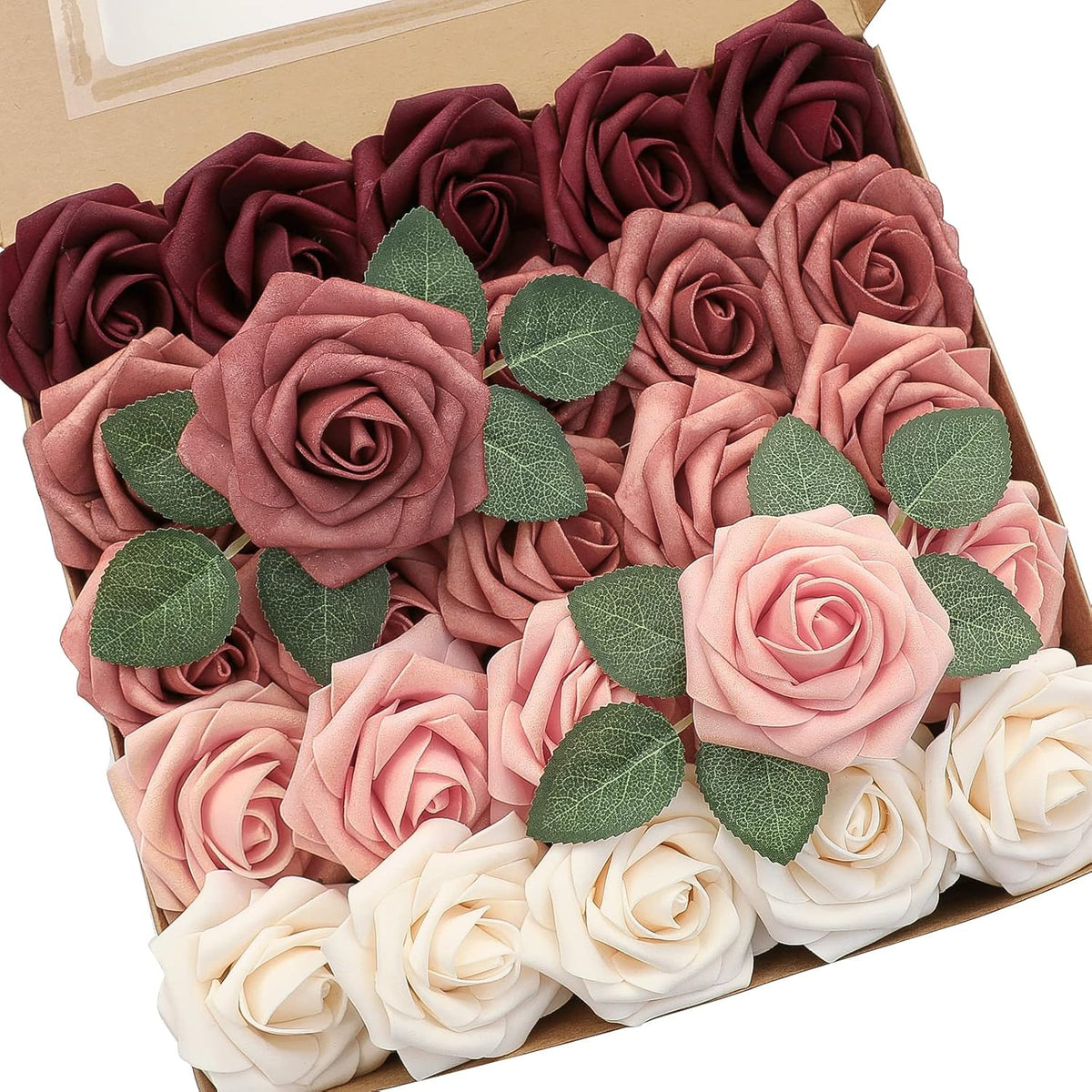 Floroom Artificial Flowers 25 Pcs Real Looking Lavender Purple Ombre Colors Foam Fake Roses with Stems for DIY Wedding Bouquets Bridal Shower Floral Centerpieces Party Tables Home Decorations