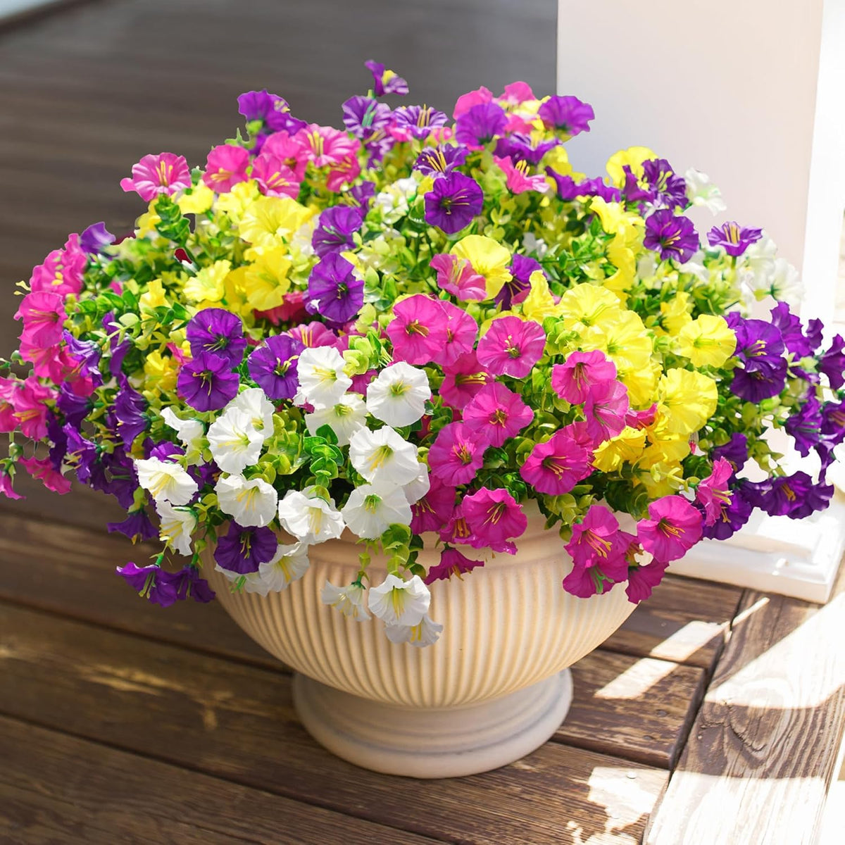 Artificial Flowers for Outdoors Fake Plants Spring Summer Decor, 12 Bundles Orange Silk Morning Glory with Eucalyptus Look Real UV Resistant Faux Flowers for Outside Planters Front Door Yard Indoor