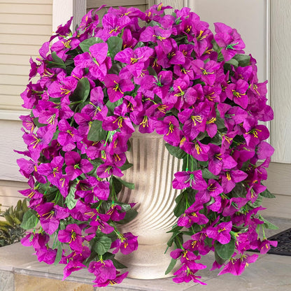 2 Pcs Artificial Faux Bougainvillea Flowers Plants for Outdoor Outside Summer Decoration, Fake Silk UV Resistant Long Trailing Vines for Front Door Porch Planter Balcony (Purple Rose Red)