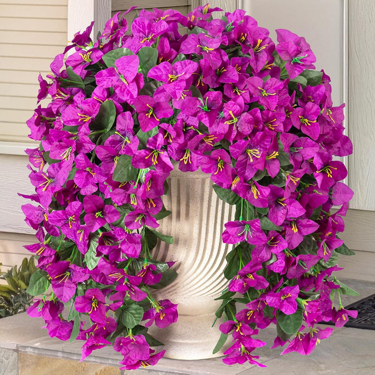 2 Pcs Artificial Faux Bougainvillea Flowers Plants for Outdoor Outside Summer Decoration, Fake Silk UV Resistant Long Trailing Vines for Front Door Porch Planter Balcony (Purple Rose Red)