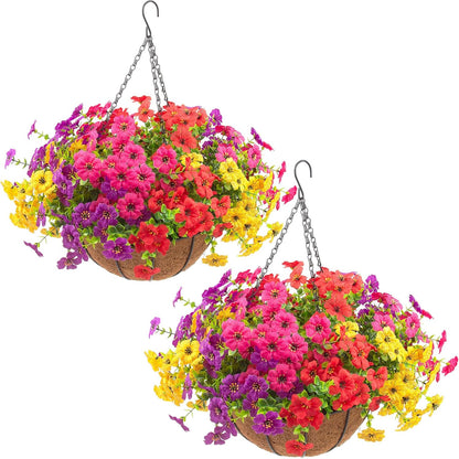 Hananona 2 Set Artificial Outdoor Flowers with Hanging Basket, 2 Hanging Planters with 24 Pcs Flowers for Spring Summer Front Porch Garden Patio Home Decor (2, Red, Purple, Yellow, Rose Red)