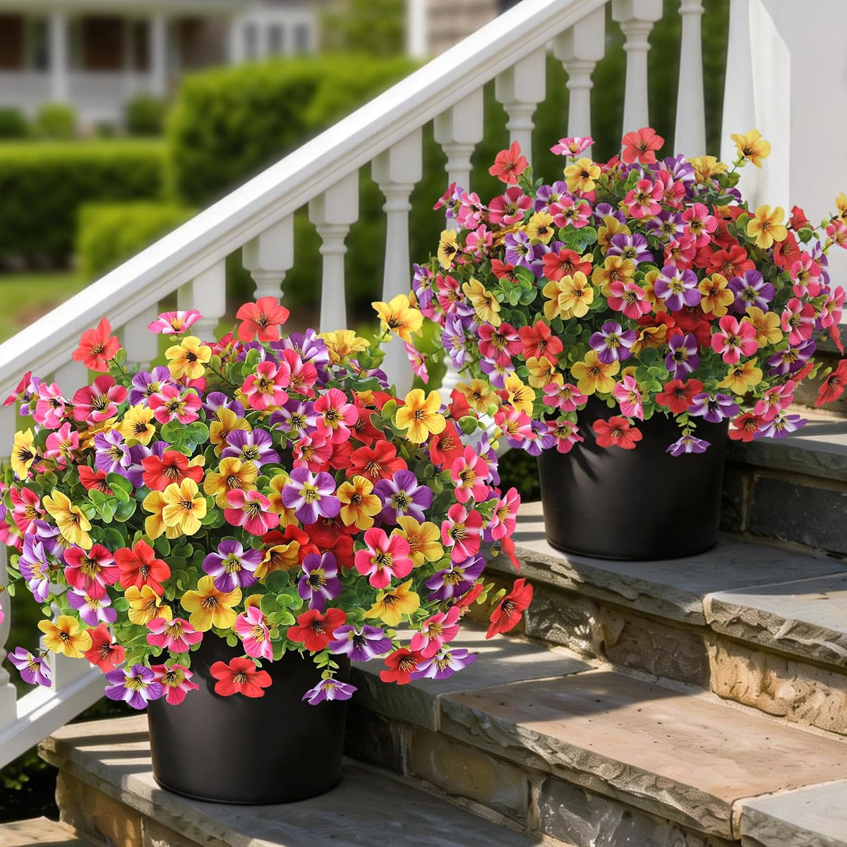 2 Set of Artificial Morning Glory & Eucalyptus Topiary Trees - Faux Silk Flower Potted Plants, UV-Resistant Fake Outdoor Morning Glory Bushes for Front Door, Farmhouse, Garden Decor (Mixed Color)