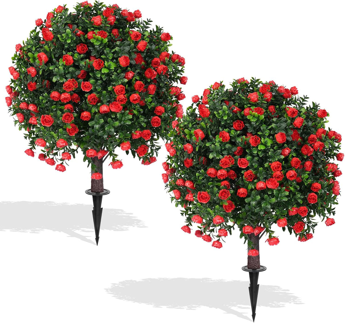 2 Pack Artificial Boxwood Topiary Ball Trees, 16" UV Resistant Fake Evergreen Shrubs Bushes Plants with Ground Spike, Fake Plants for Outdoor Indoor Front Porch Garden
