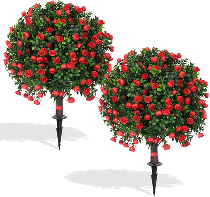 2 Pack Artificial Boxwood Topiary Ball Trees, 16" UV Resistant Fake Evergreen Shrubs Bushes Plants with Ground Spike, Fake Plants for Outdoor Indoor Front Porch Garden