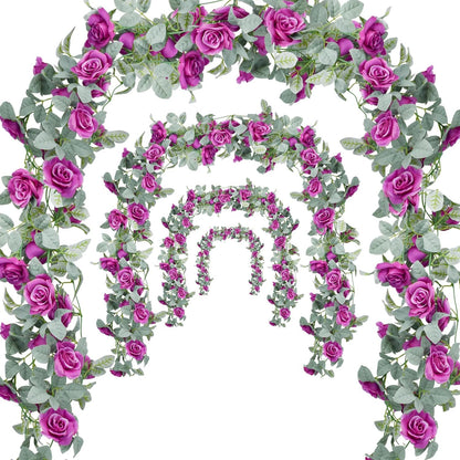 Flower Garland Rose Vine 4Pcs 28FT Artificial Floral Garland with Green Leaves Hanging Rose Vine for Wedding Party Garden Home Wall Decor (White)