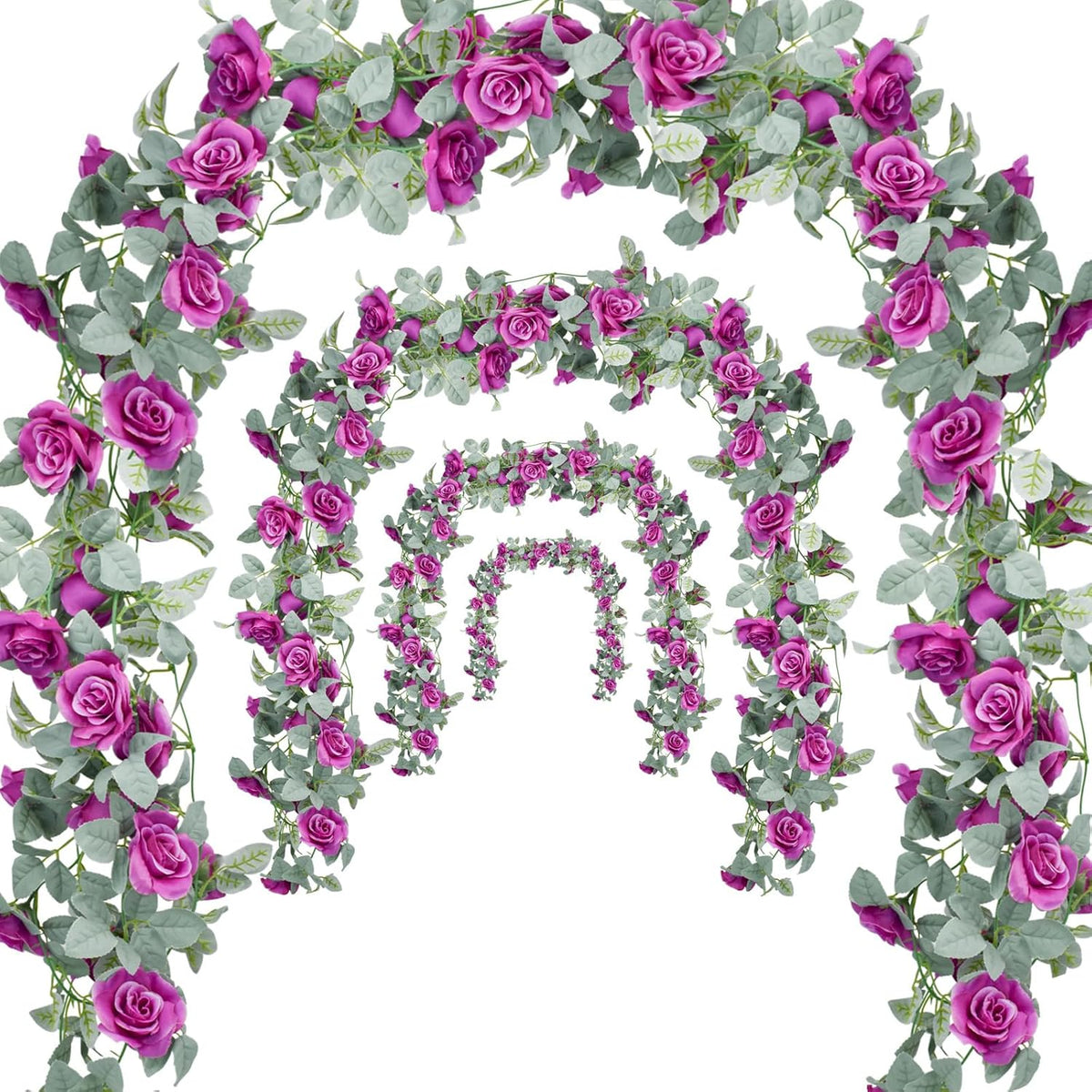 Flower Garland Rose Vine 4Pcs 28FT Artificial Floral Garland with Green Leaves Hanging Rose Vine for Wedding Party Garden Home Wall Decor (White)