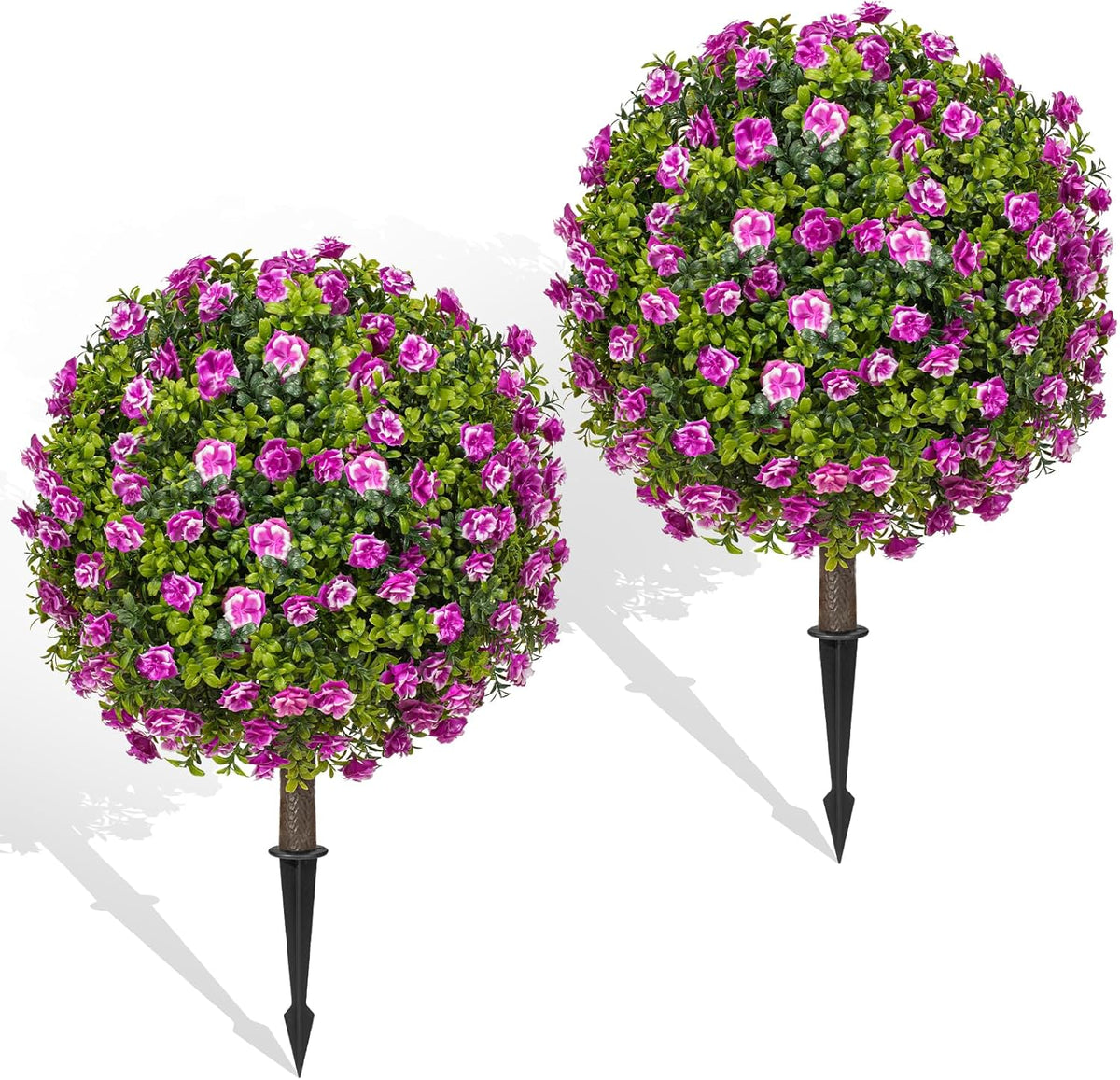 Artificial Boxwood Topiary Ball Bush for Outdoor with Spike, Set of 2 UV Resistant Faux Boxwood Ball Tree with Stake, Weatherproof Fake Round Topiary Shrub Plant for Front Porch Planter