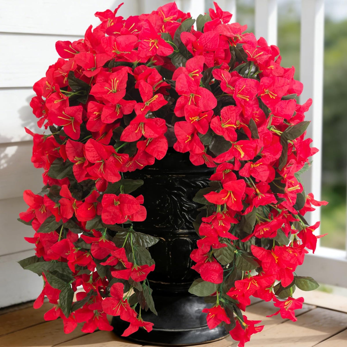 2 Pcs Artificial Faux Bougainvillea Flowers Plants for Outdoor Outside Summer Decoration, Fake Silk UV Resistant Long Trailing Vines for Front Door Porch Planter Balcony (Purple Rose Red)