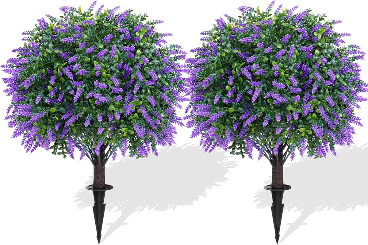 2Pcs Artificial Boxwood Topiary Ball Tree, UV Resistant Artificial Outdoor Shrubs with Spike, Decorative Evergreen Fake Topiary Bushes Plant for Front Porch Garden