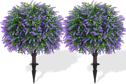 2Pcs Artificial Boxwood Topiary Ball Tree, UV Resistant Artificial Outdoor Shrubs with Spike, Decorative Evergreen Fake Topiary Bushes Plant for Front Porch Garden
