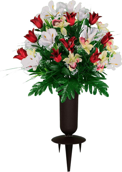 Sympathy Silks Ruby's Silk Flowers Artificial Flowers - Weighted Pot Bouquet Decoration - Height 18"-20" - Red Tulip and White Iris Potted Flowers