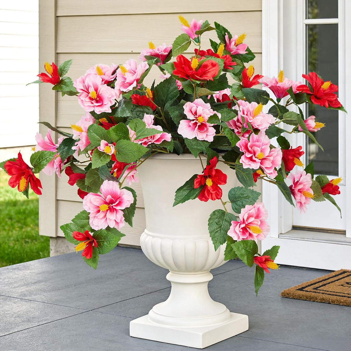 INXUGAO Artificial Flowers for Outdoors Indoors, 3 Bunches Fake Hibiscus with Hanging Basket Realistic UV Resistant Silk Flower Leaves, Faux Plant for Outside Home Patio Garden Poch (Purple, Fuchsia)