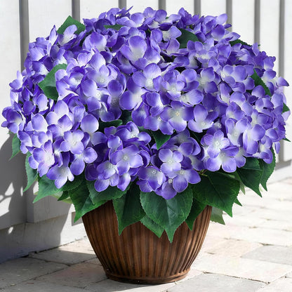 FOTEEWL 16 Bundles Artificial Hydrangea Flowers for Outdoor Decor, Realistic Faux Silk Bouquets Sun-Resistant Fake Plants for Front Door Balcony Farmhouse Garden Home Spring Summer Decor (Blue)