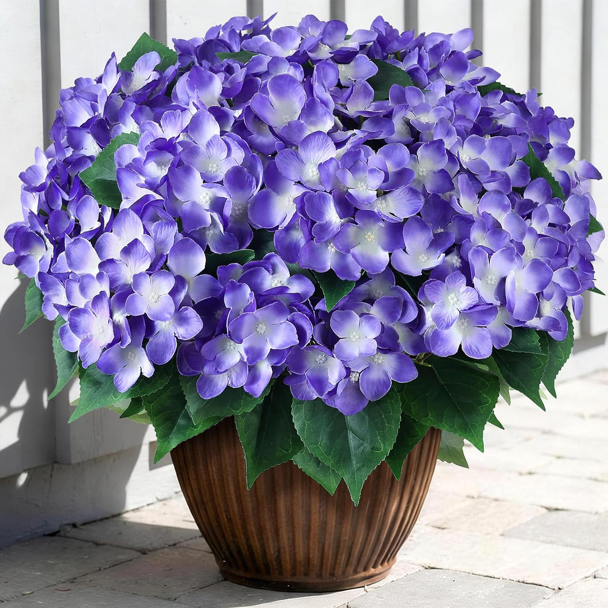 FOTEEWL 16 Bundles Artificial Hydrangea Flowers for Outdoor Decor, Realistic Faux Silk Bouquets Sun-Resistant Fake Plants for Front Door Balcony Farmhouse Garden Home Spring Summer Decor (Blue)