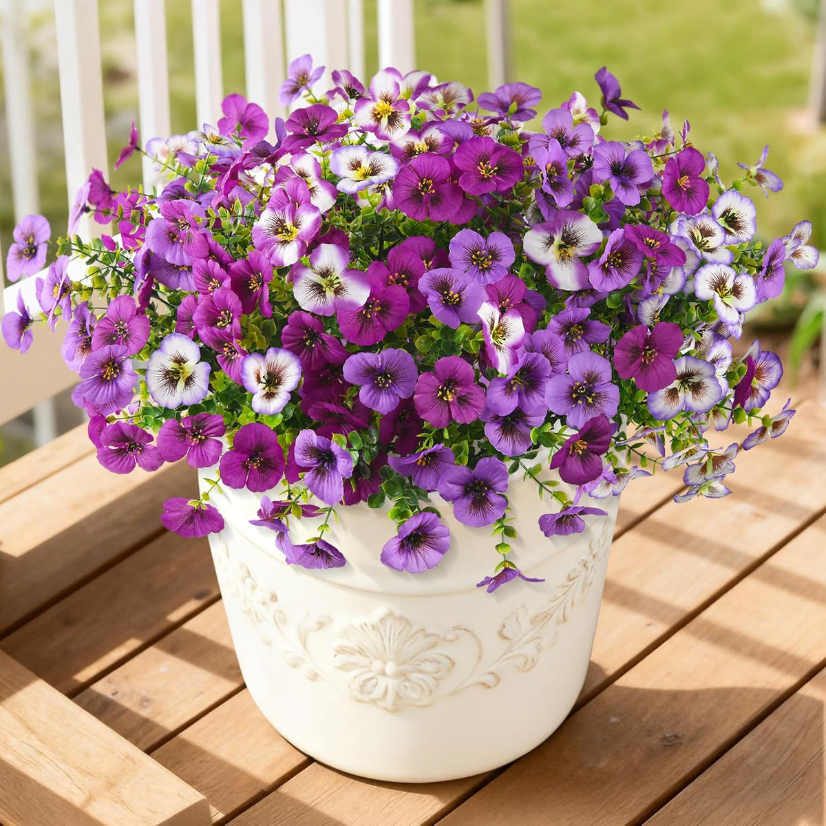INQCMY Artificial Fake Pansy Flowers for Outdoor, 12 Pcs Faux Silk Pansies Flower for Spring Summer Decoration, UV Resistant Fake Plants for Outside Planter Porch Yard Patio Home Decor(Double Purple)