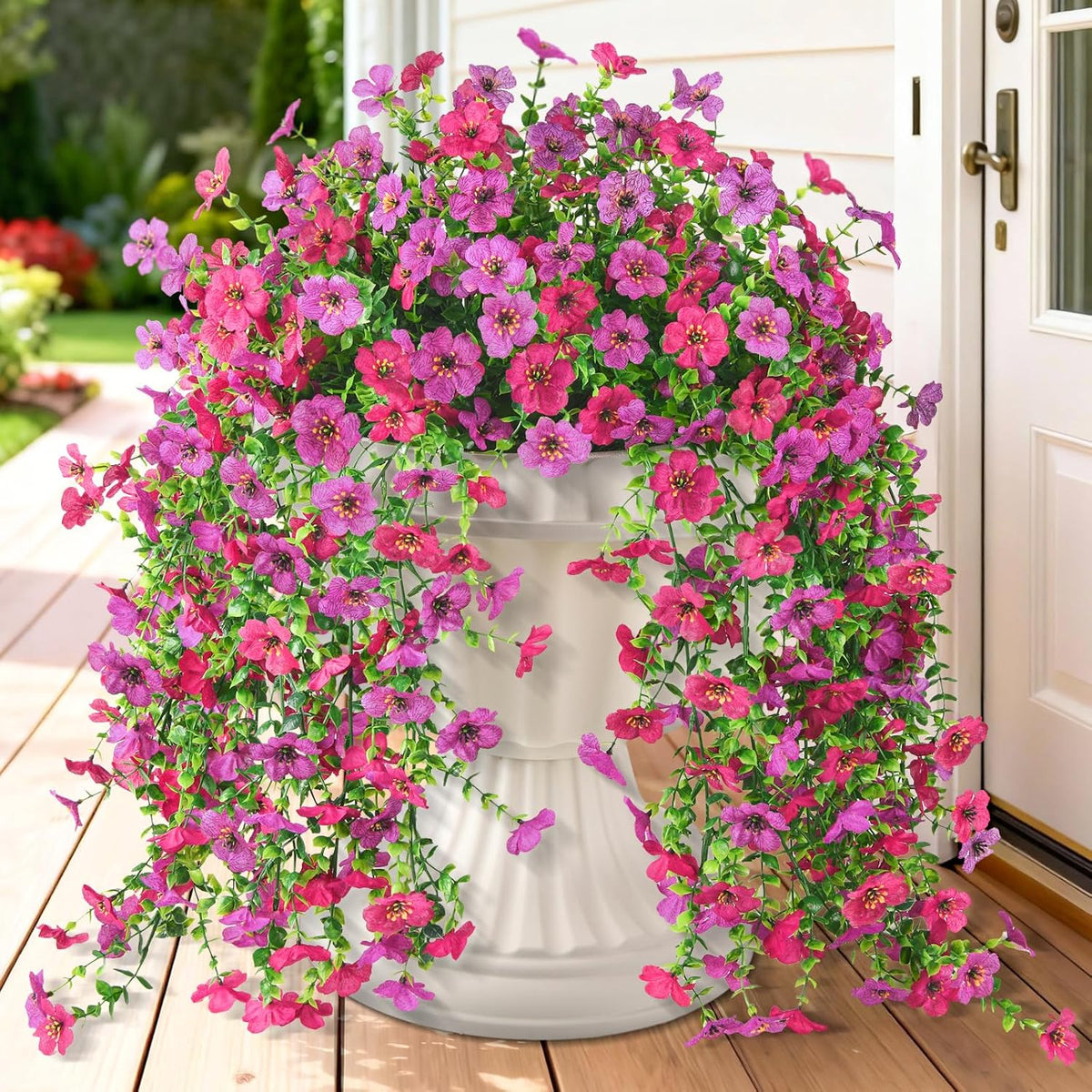Homsunny Artificial Hanging Flowers for Outdoor, 8PCS Fake Flowers Faux Silk Daisy with Eucalyptus Leaves, UV Resistant Aritificial Outdoor Flowers for Spring Home Patio Balcony Yard Porch Decor