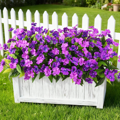 Artificial Impatiens Flowers for Outdoors, 6 Bundles Silk Fake Flowers for Spring Summer Decoration, UV Resistant Faux Plants Plastic Bouquet for Home Planter Porch Patio Yard Decor(Double Blue)