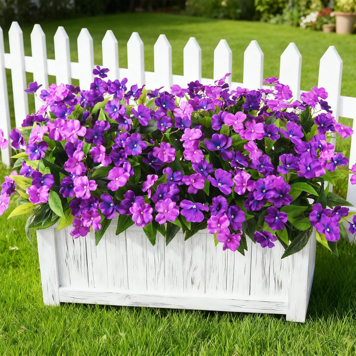 Artificial Impatiens Flowers for Outdoors, 6 Bundles Silk Fake Flowers for Spring Summer Decoration, UV Resistant Faux Plants Plastic Bouquet for Home Planter Porch Patio Yard Decor(Double Blue)