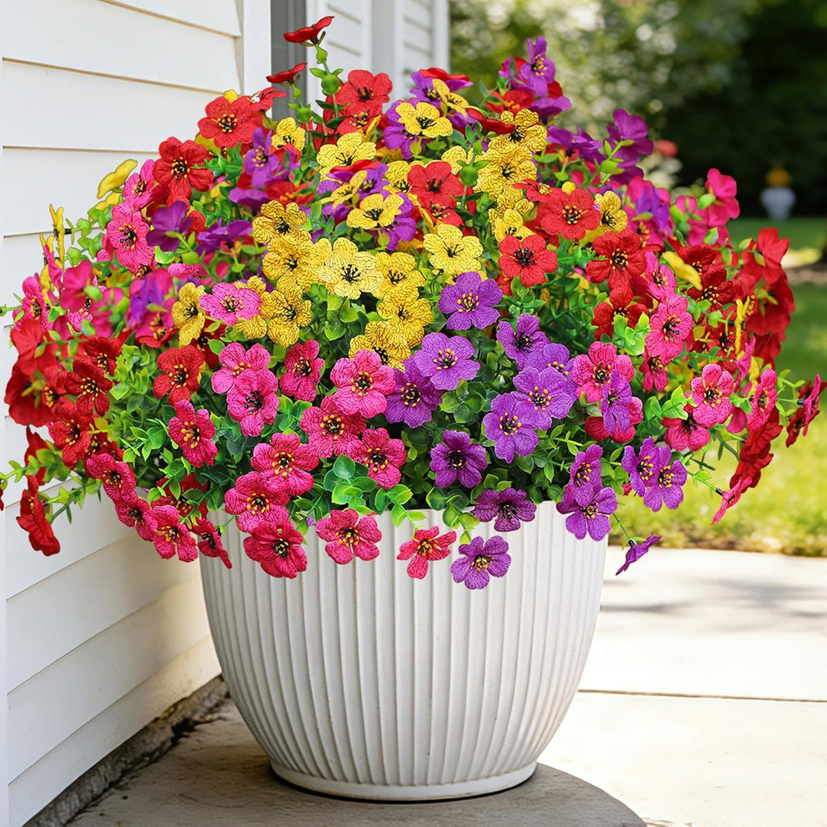 Artificial Flowers for Outdoors, Fake Faux Plants Outside Realistic Spring Summer Decor, UV Resistant Silk Flowers for Home Porch Garden (12, Purple Red Yellow Hot Pink)
