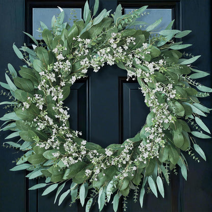 26" Eucalyptus and Babys Breath Flowers Wreath for Front Door - Large Artificial Greenery Outdoor Wreath for Porch, Window, Farmhouse, Home, Hanging Decor- Spring, Summer, All Seasons (Green-White)