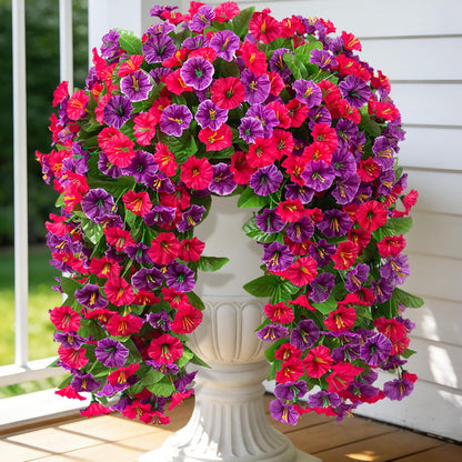 Artificial Fake Hanging Flowers Plants for Outdoor Decoration, 2PCS Faux Silk Morning Glory Long Vines Stems UV Resistant Look Real for Spring Summer Outside Home Porch Patio(Violet Red Purple)