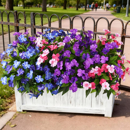 Artificial Impatiens Flowers for Outdoors, 6 Bundles Silk Fake Flowers for Spring Summer Decoration, UV Resistant Faux Plants Plastic Bouquet for Home Planter Porch Patio Yard Decor(Double Blue)
