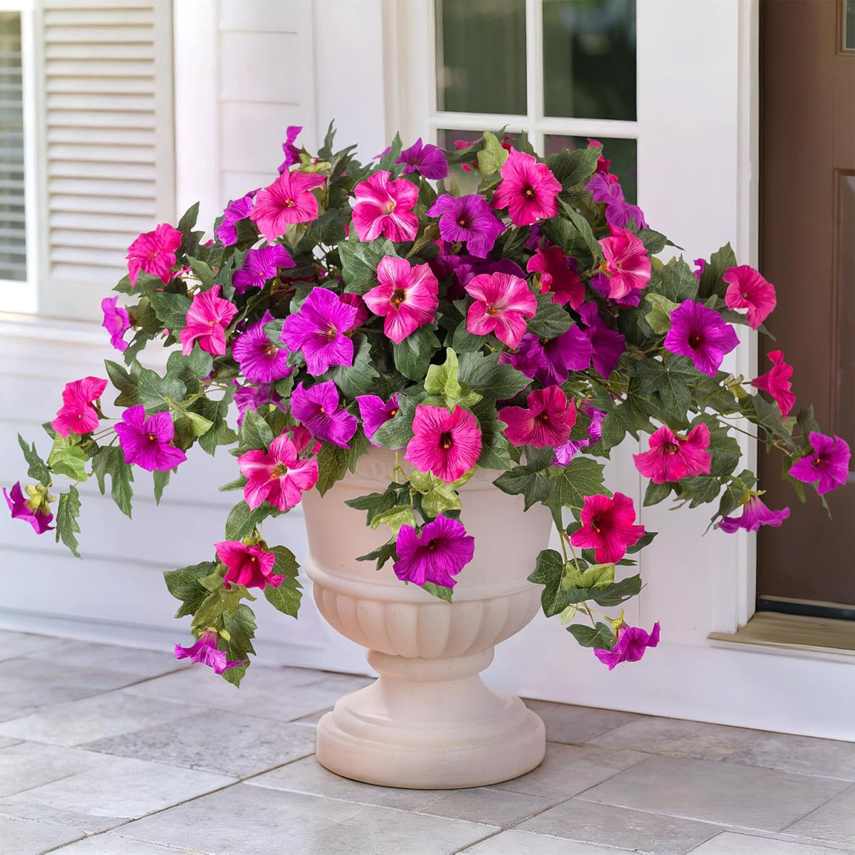 Artificial Petunia Flowers with Hanging Basket for Outdoors, 3 Pcs Fake Hanging Flowers UV Resistant Faux Silk Plants in Basket for Garden Porch Yard Patio Realistic Home Spring Decor(Purple Fuchsia)