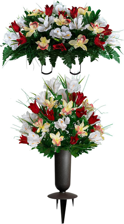 Sympathy Silks Ruby's Silk Flowers Artificial Flowers - Weighted Pot Bouquet Decoration - Height 18"-20" - Red Tulip and White Iris Potted Flowers