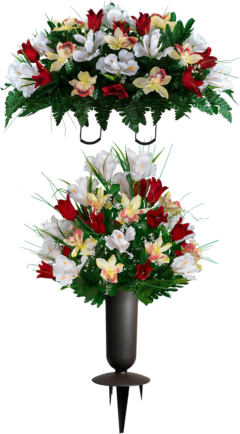 Sympathy Silks Ruby's Silk Flowers Artificial Flowers - Weighted Pot Bouquet Decoration - Height 18"-20" - Red Tulip and White Iris Potted Flowers