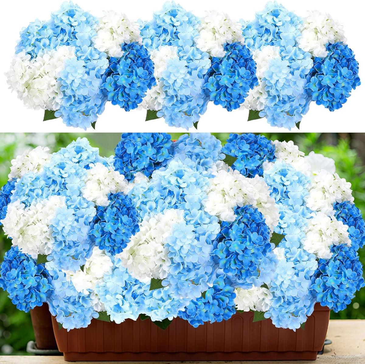 Blue Red and White 6 Bundles Hydrangea Artificial Flowers Bulk 30 Heads 20" Faux Fake Hydrangea for Spring Easter Decor Porch Indoor Outdoor Home Garden Wedding Table Centerpieces