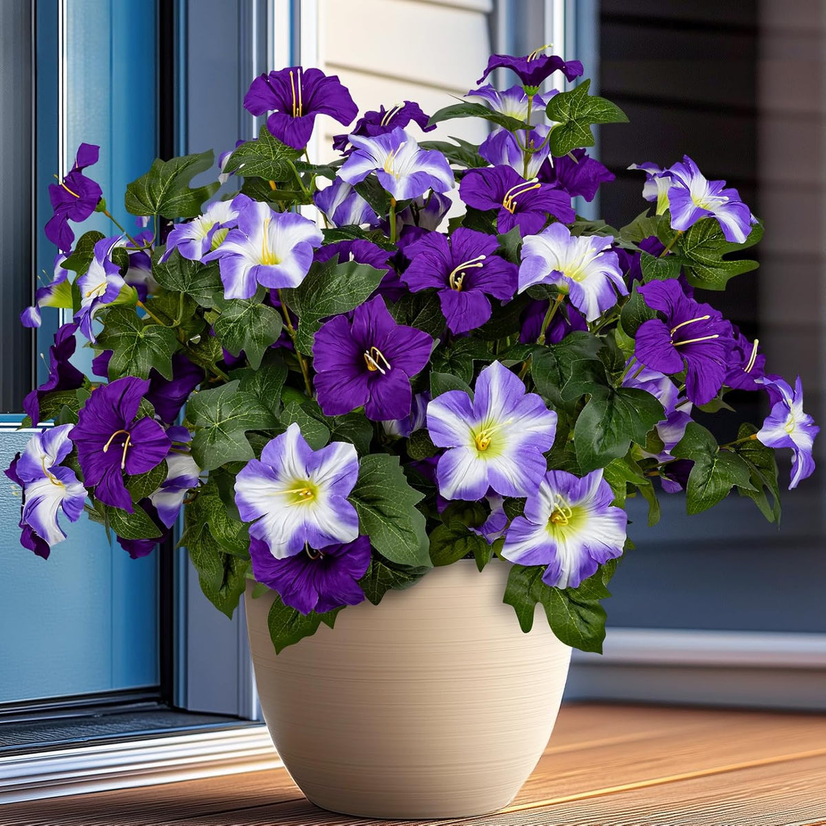 19 Inch Artificial Fake Flowers for Outdoor, 4 Pcs Faux Silk Petunias Spring Flowers for Outside for Indoor Porch Planter Front Door Garden Patio Window Box Home Decor (Multiple Color)