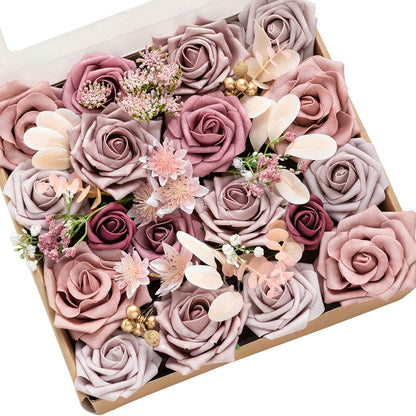 Ling's moment Fake Flowers Box, Faux Artificial Greenery Stems Foam Roses Poppy Gardenia Silk Hydrangea Peony Fabic Flower for Centerpieces Bouquet Wedding Floral Vase, English Pastel, Deluxe Combo