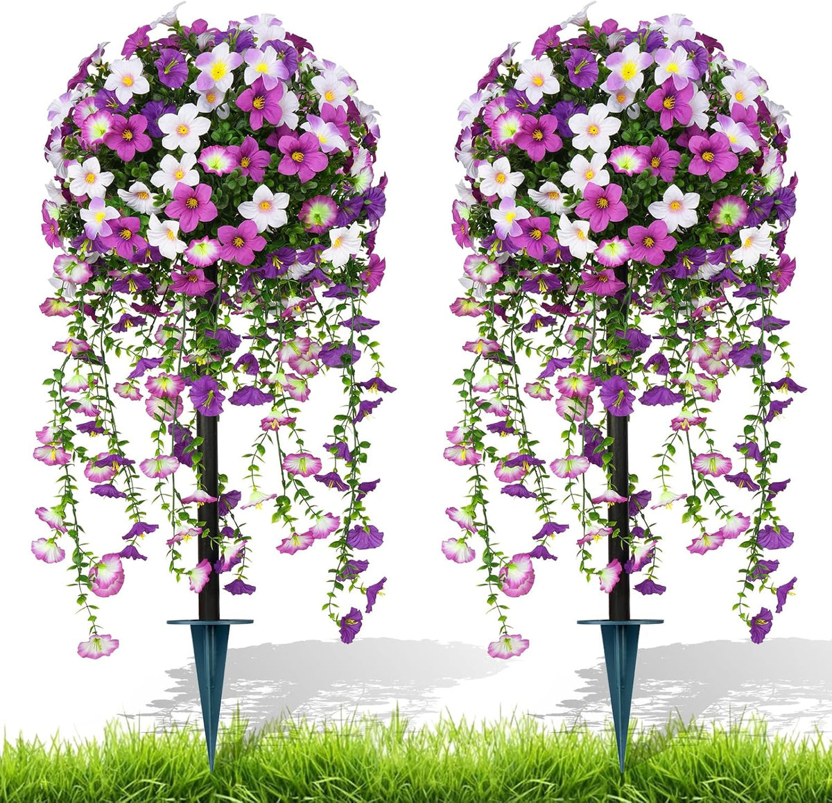 Artificial Lavender Topiary Ball Trees, 2 Set of UV Resistant Fake Evergreen Shrubs Bushes Plants with Ground Spike, Fake Plants for Outdoor Indoor Front Porch Garden