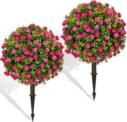 Artificial Boxwood Topiary Ball Bush for Outdoor with Spike, Set of 2 UV Resistant Faux Boxwood Ball Tree with Stake, Weatherproof Fake Round Topiary Shrub Plant for Front Porch Planter