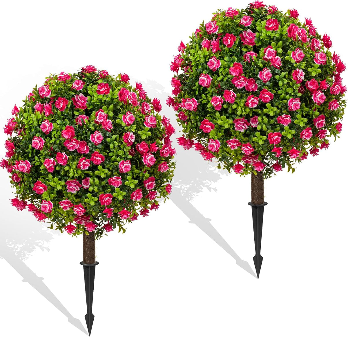 Artificial Boxwood Topiary Ball Bush for Outdoor with Spike, Set of 2 UV Resistant Faux Boxwood Ball Tree with Stake, Weatherproof Fake Round Topiary Shrub Plant for Front Porch Planter