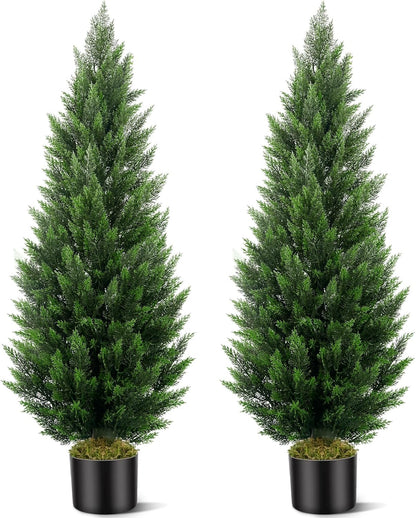 Artificial Topiary Cedar Trees 3FT Tall 2 Set with 12 Bundles Faux Silk Flowers, Outdoor Indoor Faux Pine Shrubs Plants, Fake Bushes Plants for Home Front Porch Door Patio