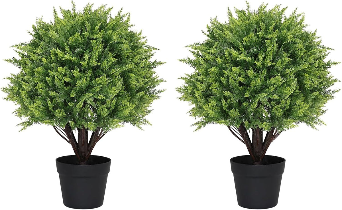 27“ Realistic Artificial Boxwood Topiary Trees Set of 2, Faux Boxwood Plants Outdoor UV-Resistant, No Maintenance Curb Appeal Fake Evergreen Bushes & Shrubs for Front Porch Outside Planter Decor
