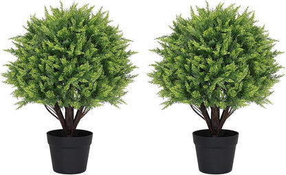 27“ Realistic Artificial Boxwood Topiary Trees Set of 2, Faux Boxwood Plants Outdoor UV-Resistant, No Maintenance Curb Appeal Fake Evergreen Bushes & Shrubs for Front Porch Outside Planter Decor