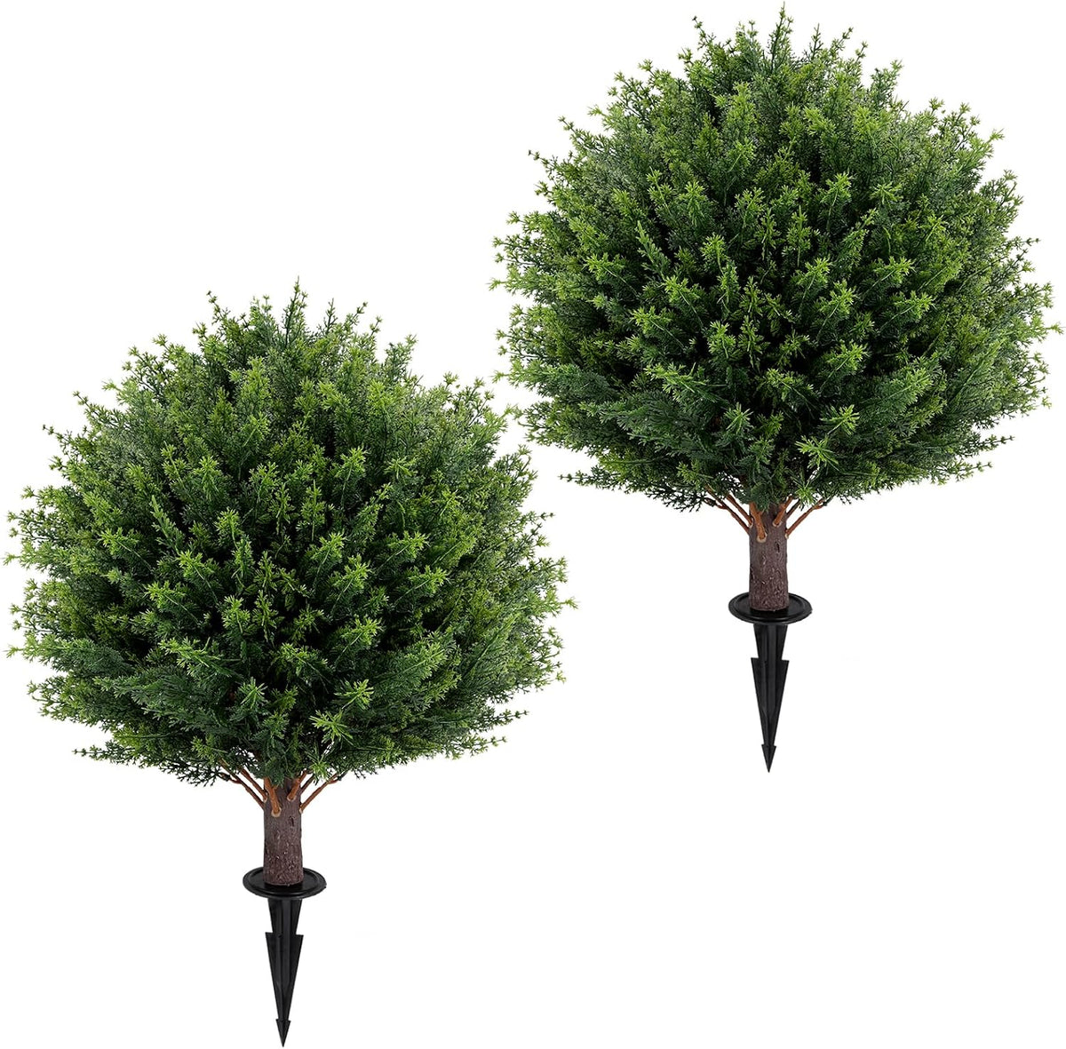 Artificial Red Eucalyptus Topiary Ball Tree 24" with Ground Spike, Set of 2 Artificial Boxwood Bushes for Faux Shrubs, Fake Evergreen Faux Plant for Indoor Outdoor Garden -UV Resistant–Fade-Proof