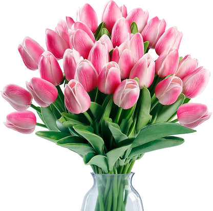 Sggvecsy 30 Pcs Fake Tulips Artificial Flowers Real Touch PU Faux Flowers Tulip Stems for Wedding Spring Bouquet Floral Arrangement Home Office Party Decorations for Mother's Day (Multi Colors)