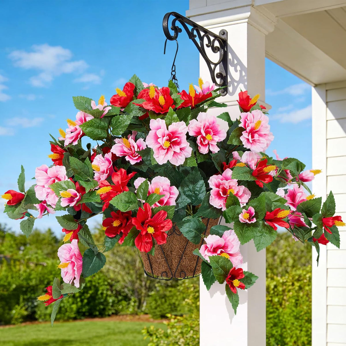 INXUGAO Artificial Flowers for Outdoors Indoors, 3 Bunches Fake Hibiscus with Hanging Basket Realistic UV Resistant Silk Flower Leaves, Faux Plant for Outside Home Patio Garden Poch (Purple, Fuchsia)