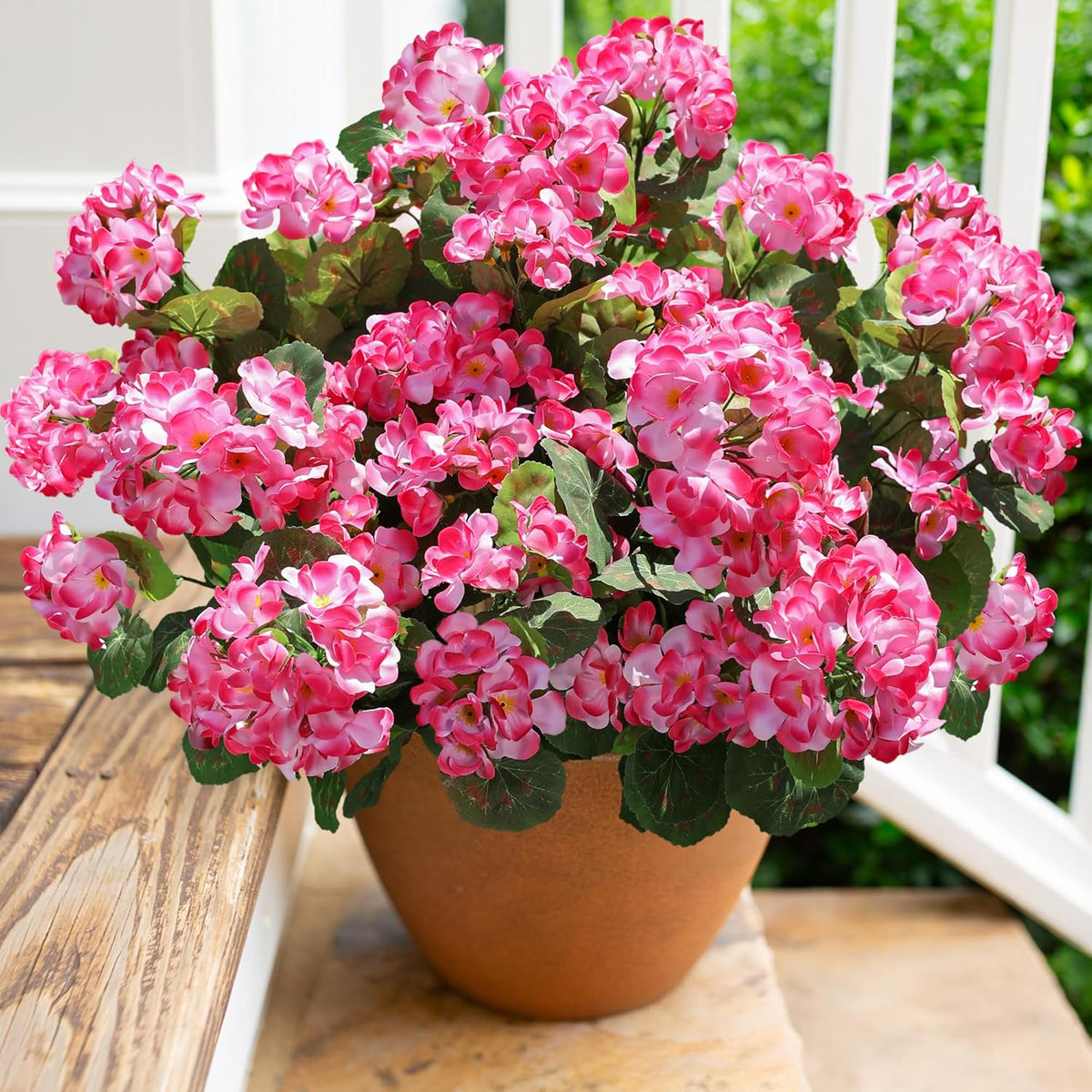 Artificial Geranium Fake Flowers for Outdoors Decoration, 6 Bundles Silk Geraniums Flower UV Resistant Look Real Faux Plants for Outside Planter Front Door Garden Patio Balcony Yard Home, Fuchsia