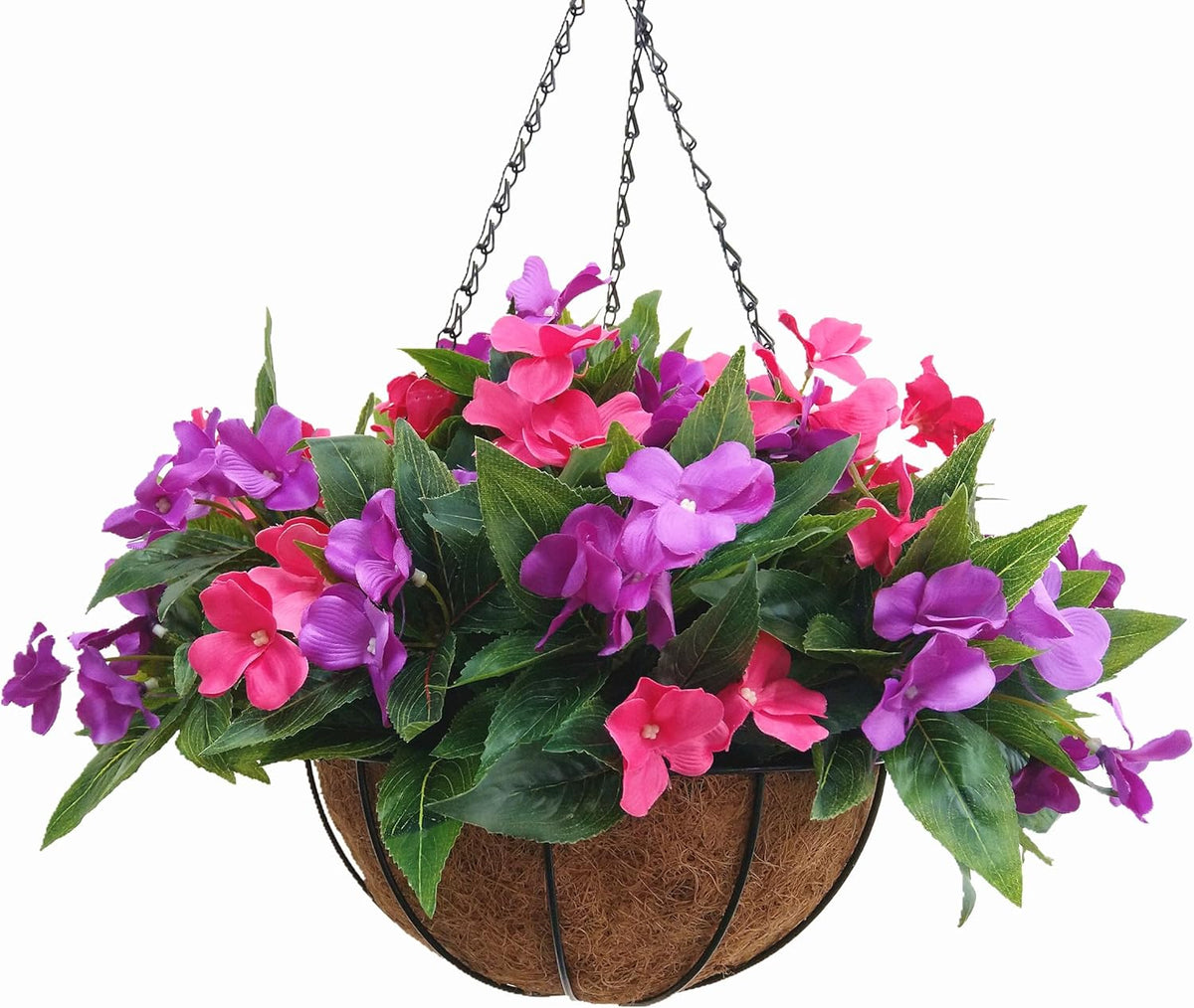 Flo Set of Hanging Basket Artificial Impatiens Flowers Purple and Pink for Balcony Decoration (Big Basket and Artifiical Flowers) Flo
