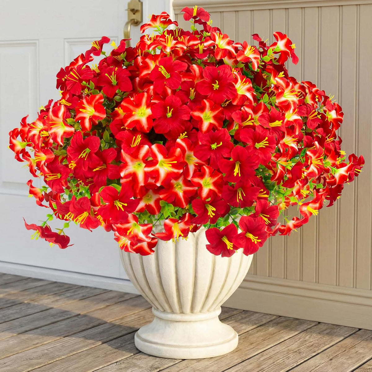16 Pcs Faux Petunias Artificial Flowers For Outdoors, UV Resistant Fake Petunias Plants Realistic Silk Flowers for Porch Front Door Garden Window Outside Decor (16, White, Yellow, Purple, RedViolet)