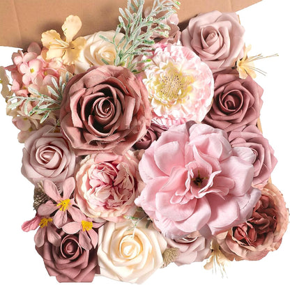 Dusty Rose Artificial Flowers Set - Fake Roses, Peonies, Silk Flowers with Stems for DIY Wedding Bouquets, Floral Arrangement, Table Centerpieces, Baby Shower, Home Decor