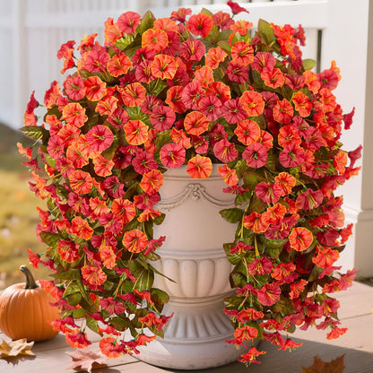 Artificial Fake Hanging Flowers Plants for Outdoor Decoration, 2PCS Faux Silk Morning Glory Long Vines Stems UV Resistant Look Real for Spring Summer Outside Home Porch Patio(Violet Red Purple)
