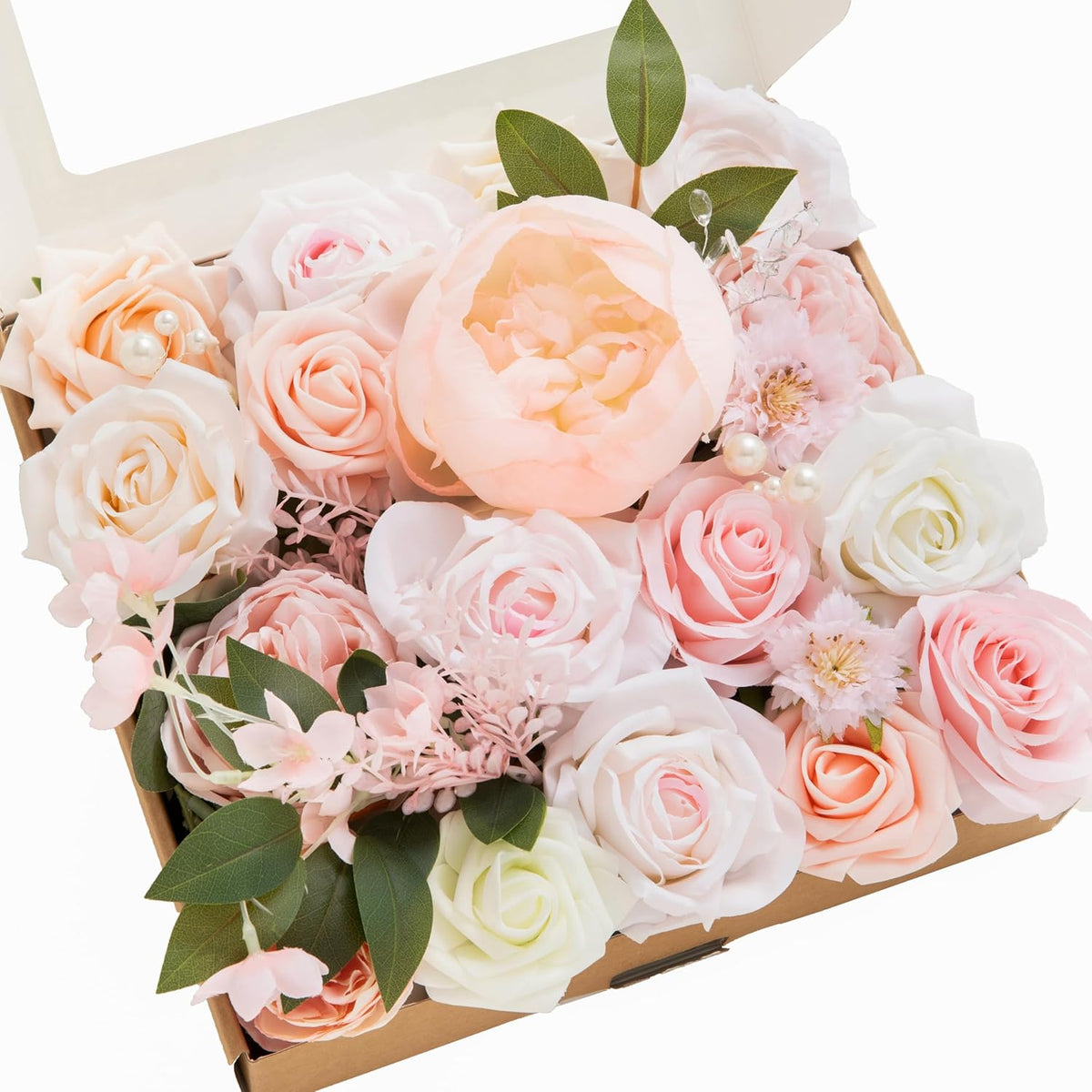 Ling's moment Fake Flowers Box, Faux Artificial Greenery Stems Foam Roses Silk Peony Ranunculus Fabic Flower for Centerpieces Bouquet Wedding Vase Floral Decorations, Garden Blush, Deluxe Combo