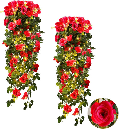 RECUTMS Artificial Hanging Rose Flower Plants Outdoor with 30 LED Fairy String Lights Fake Flowers for House Garden Patio Front Porch Indoor Decor (Purple)